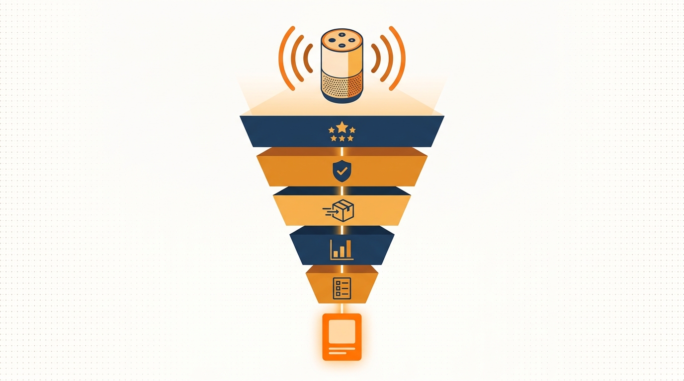 Diagrama de embudo de señales de clasificación de compras por voz de Alexa mostrando reseñas, distintivo Amazon Choice, velocidad de cumplimiento y niveles de calidad de listado