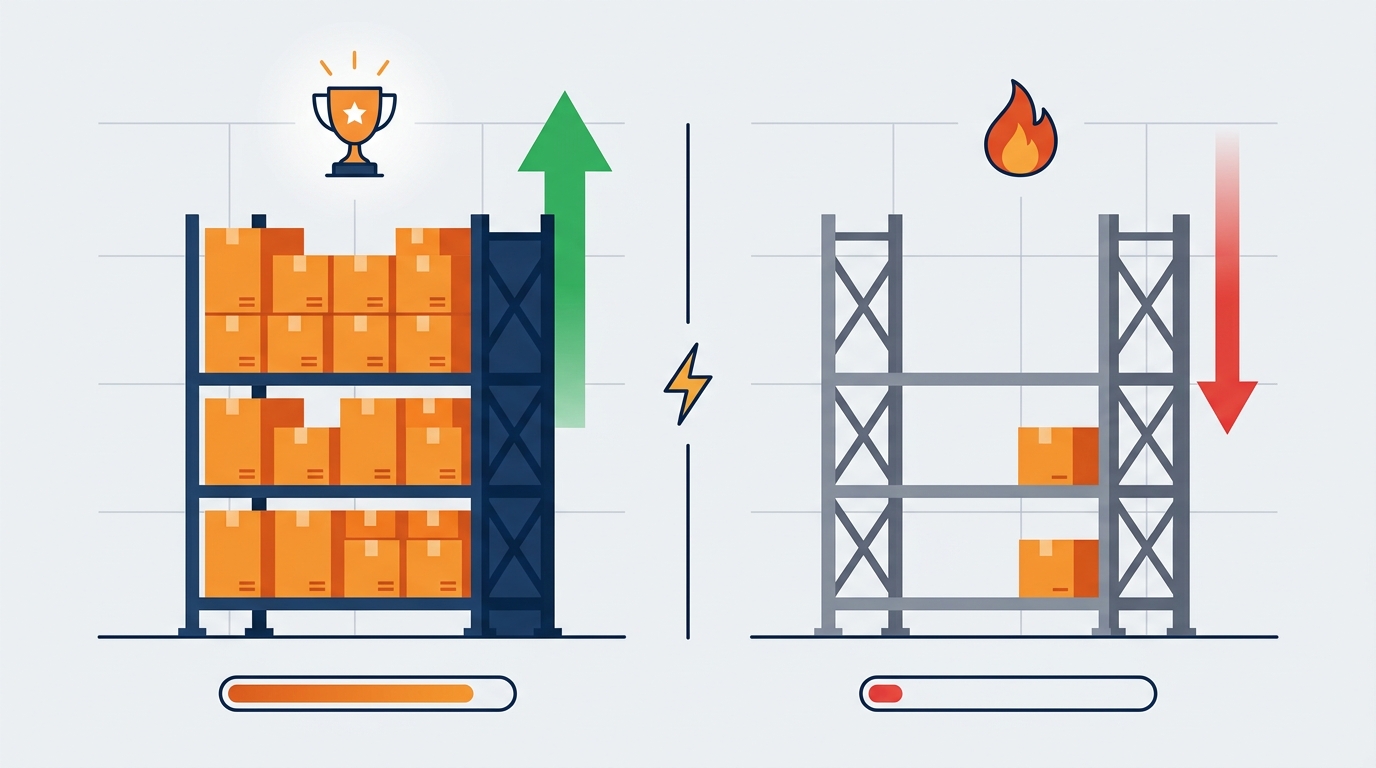 Diagrama de estrategia de inventario de Amazon Prime Day 2026 comparando posiciones de almacén de vendedor completamente abastecidas versus agotadas