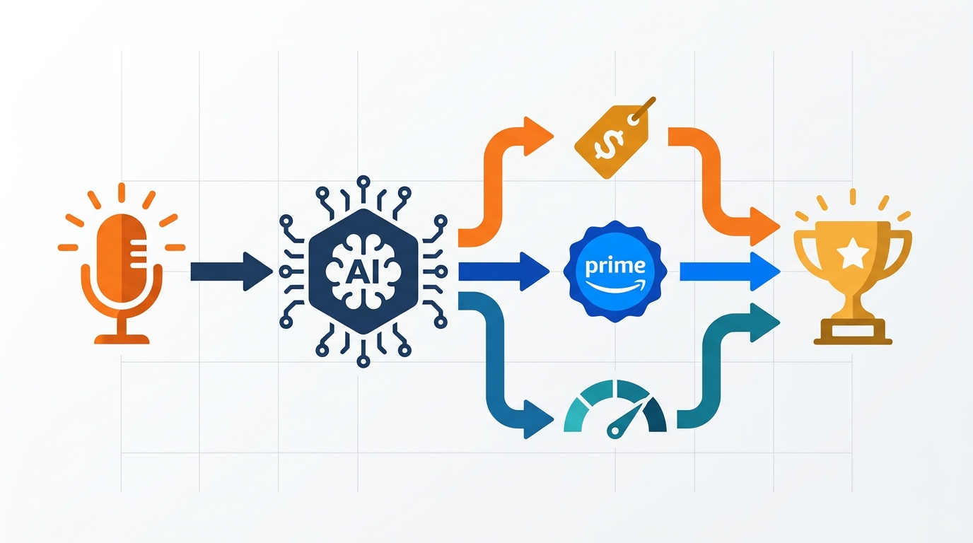 Diagrama de flujo de entrega del Buy Box de voz de Alexa mostrando factores de precio, elegibilidad de Prime y puntuación de relevancia de IA