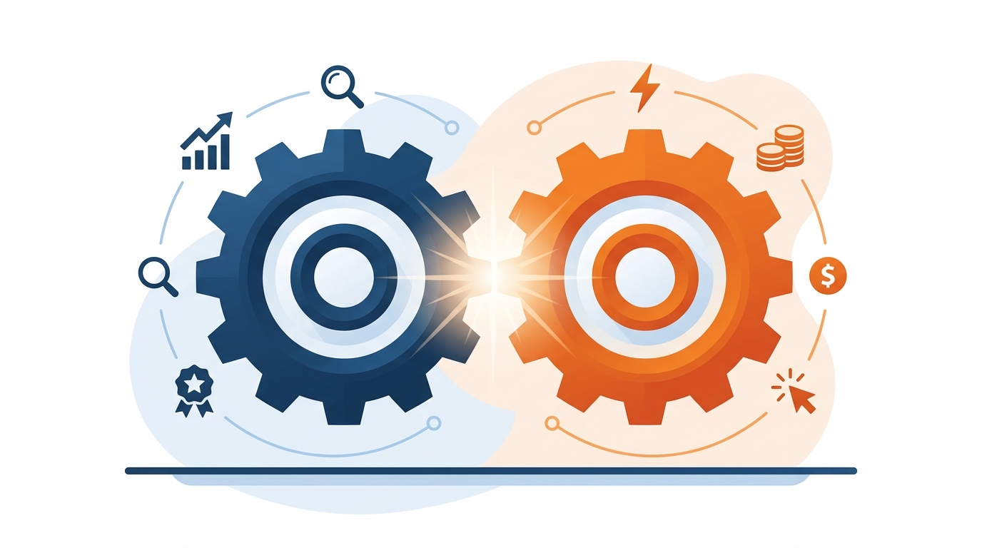 Amazon SEO vs Amazon PPC illustrated as two interlocking gears showing organic and paid search working together as a unified strategy