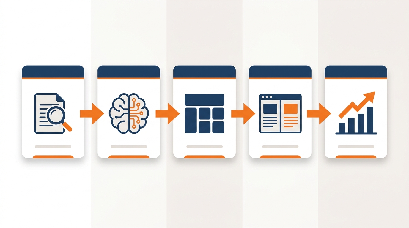 Step-by-step AI A+ content generator Amazon workflow diagram showing five stages from research to conversion optimization